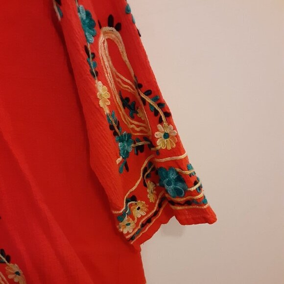 Multiples (PM) Orange Blouse w/Embroidered Flowers on Neck, Front & Sleeves - Picture 4 of 5